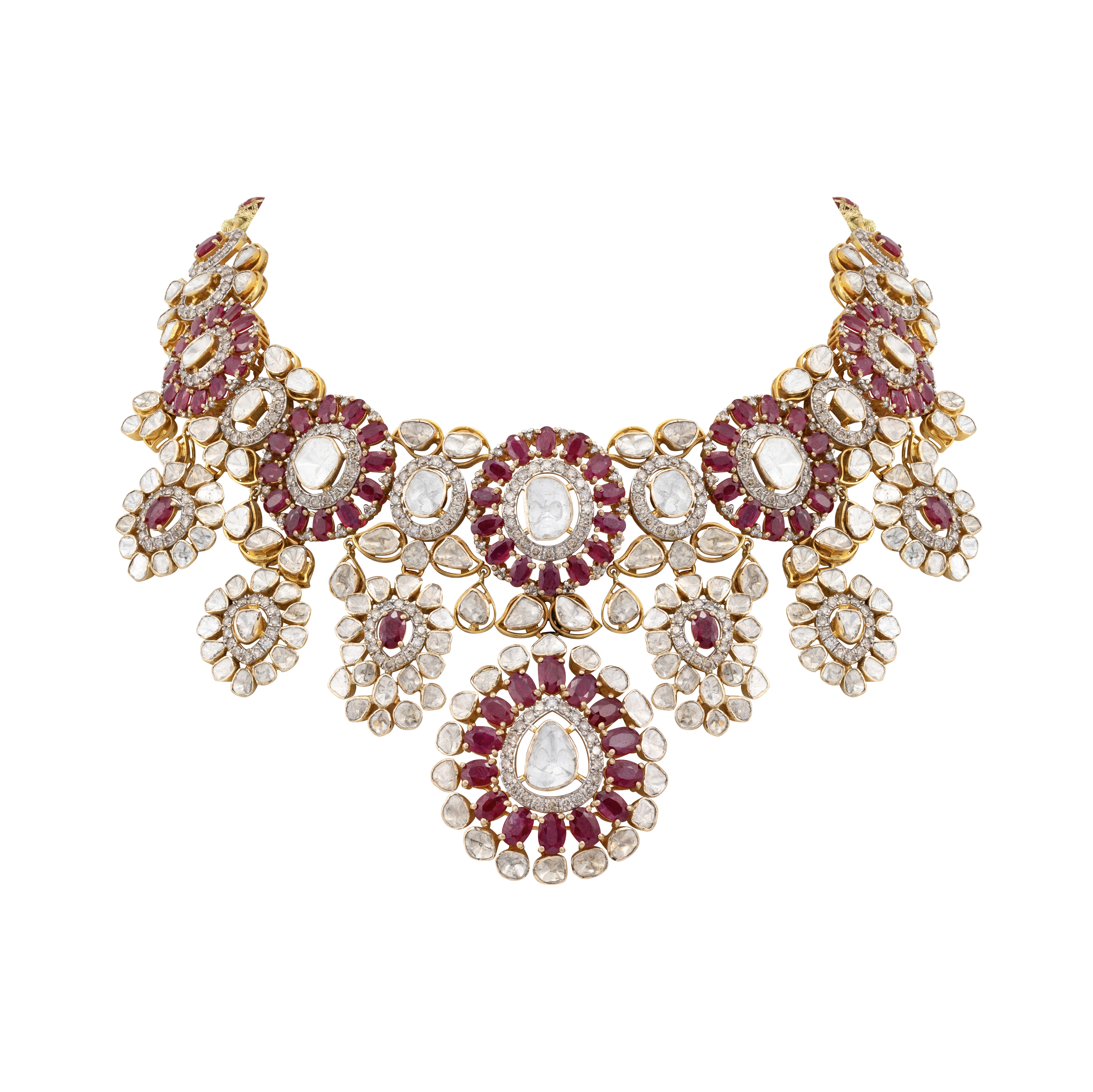 Ruby and Polki Floral Necklace with Diamond Accents